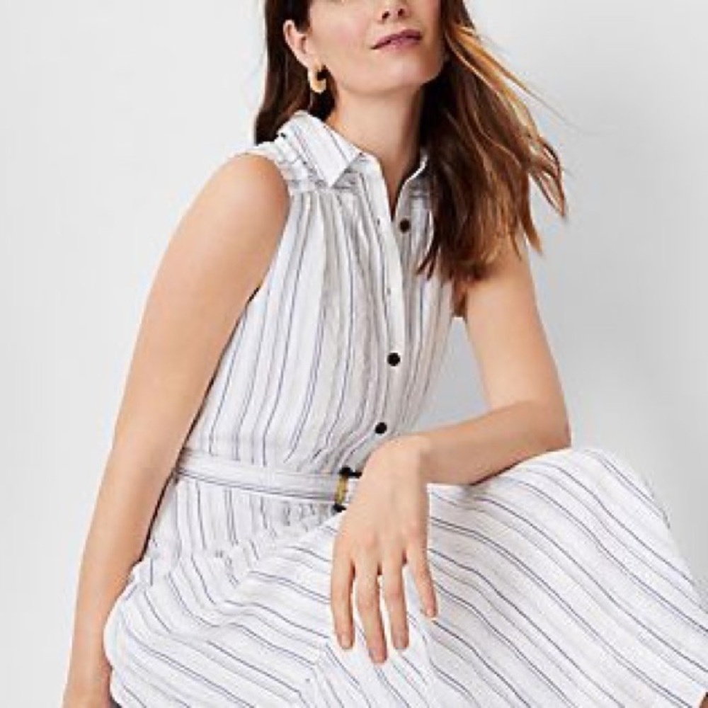 ANN TAYLOR Blue White Striped Midi Maxi Dress Button Down Belt Nautical Boat 12